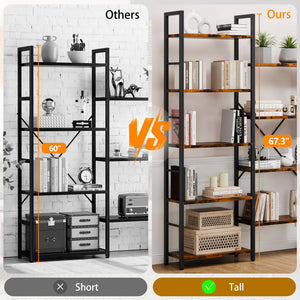 Industrial 14-Shelf Wide Bookcase with Metal Frame – Brown