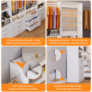 Walk-In Closet System with 12 Drawers, 10 Shelves & 6 Hanging Rods