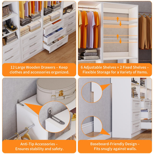 Walk-In Closet System with 12 Drawers, 10 Shelves & 6 Hanging Rods