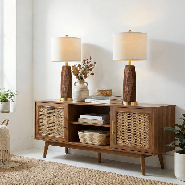 Wood Grain Resin Table Lamps Set of 2 with USB Charging Ports
