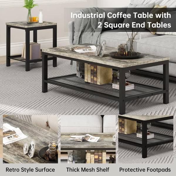3-Piece Coffee & End Table Set – Metal Frame