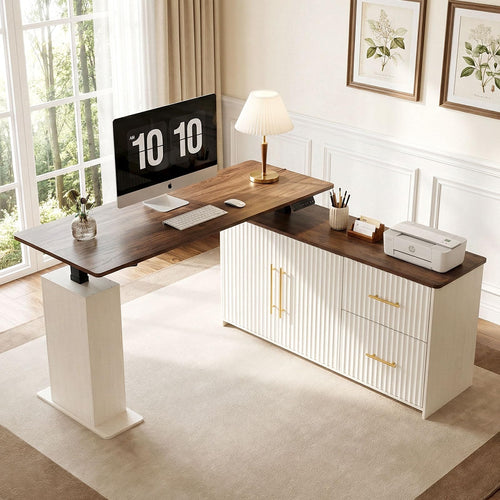 L-Shaped Electric Standing Desk with Drawers & Storage Cabinet