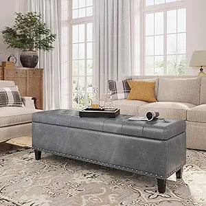 Faux Leather Storage Ottoman Bench, 51" Long, 30 Gallon, Tufted, Wooden Legs