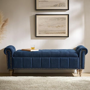 HULALA HOME Farmhouse Upholstered Storage Bench, End of Bed Bench with Vintage Button Tufted Design(Blue)