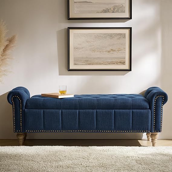 HULALA HOME Farmhouse Upholstered Storage Bench, End of Bed Bench with Vintage Button Tufted Design(Blue)