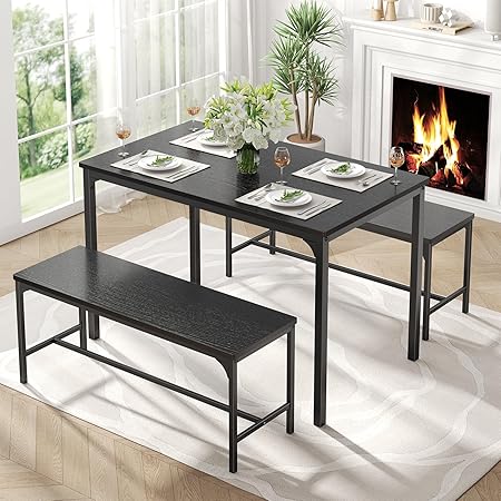 Dining Table Set with Bench – 3 or 4 Piece, Black or Grey