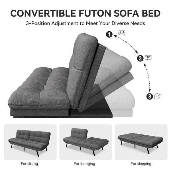 Convertible Futon Sofa Bed – Light Grey Linen