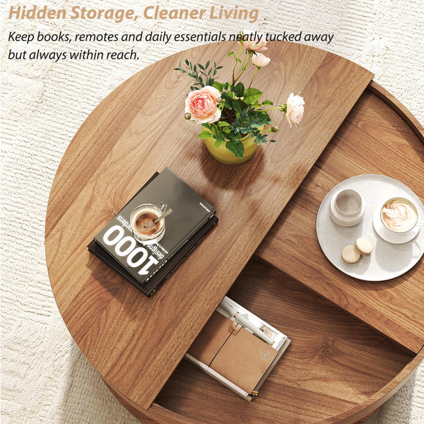 Round Coffee Table with 2-Tier Rotating Storage, 30.63"
