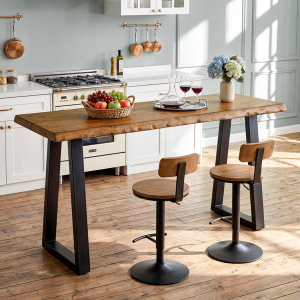 63-Inch Solid Pine Wood Bar Table with Live Edge and Metal Legs