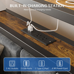 Platform Bed Frame with LED Lights & Charging Station – Storage Headboard, Metal Slats