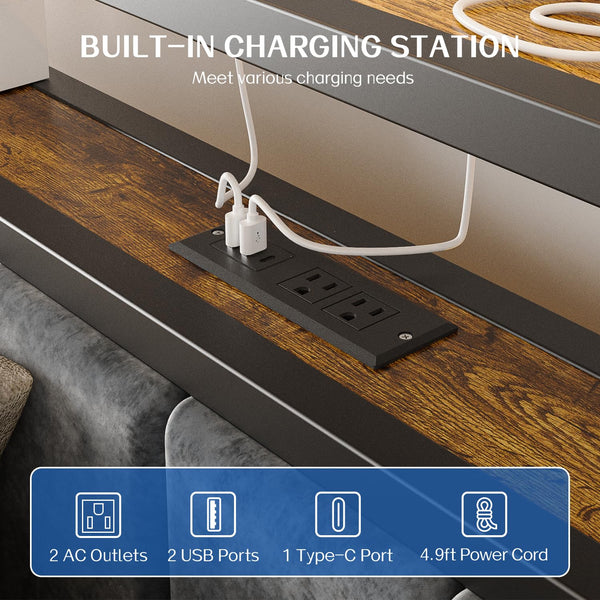 Platform Bed Frame with LED Lights & Charging Station – Storage Headboard, Metal Slats