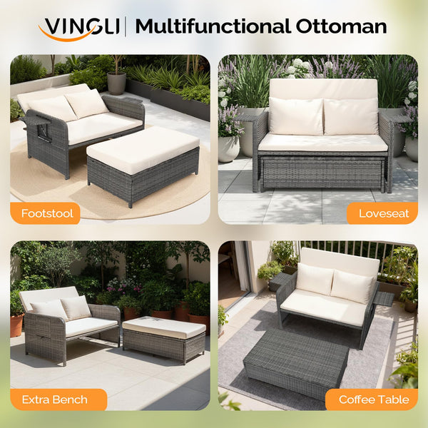 Patio Daybed with Storage Ottoman & Adjustable Backrest