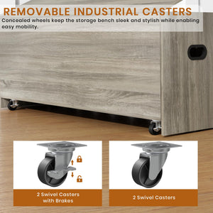 Storage Bench with Cushion Seat & Swivel Wheels — Grey