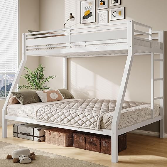 Heavy Duty Metal Bunk Bed Twin Over Full with Safety Guardrail & Ladder