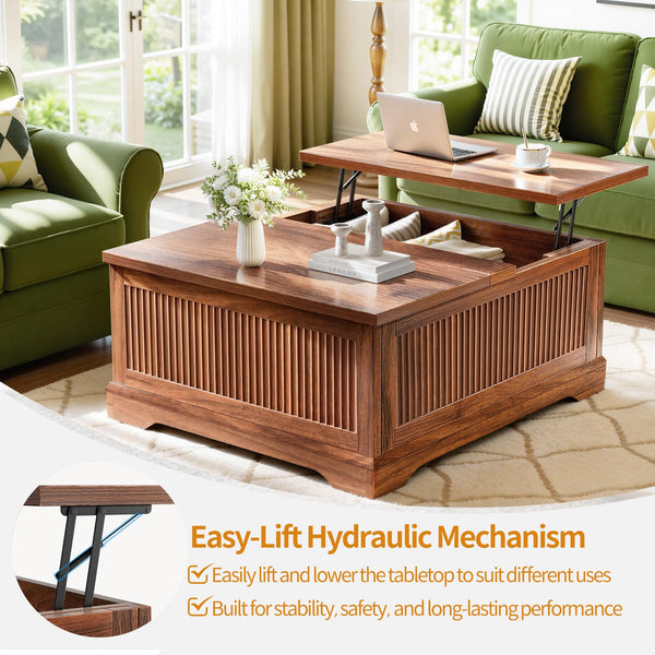 Lift Top Coffee Table with Storage – Fluted Square Design