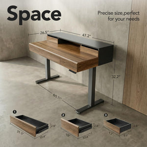 Electric Standing Desk with 5 Solid Wood Drawers & Desktop Riser, 48" x 26" – Dark Walnut