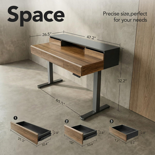 Electric Standing Desk with 5 Solid Wood Drawers & Desktop Riser, 48" x 26" – Dark Walnut