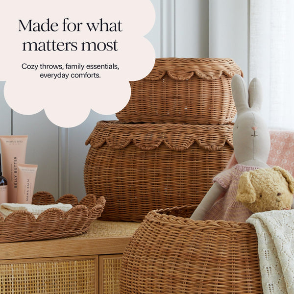 Scalloped Rattan Basket Set of 3 with Lids – Handwoven Nesting Storage Baskets