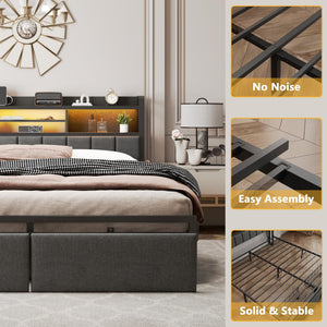 Full Size Bed Frame with Storage Drawers, Charging Station & LED Lights