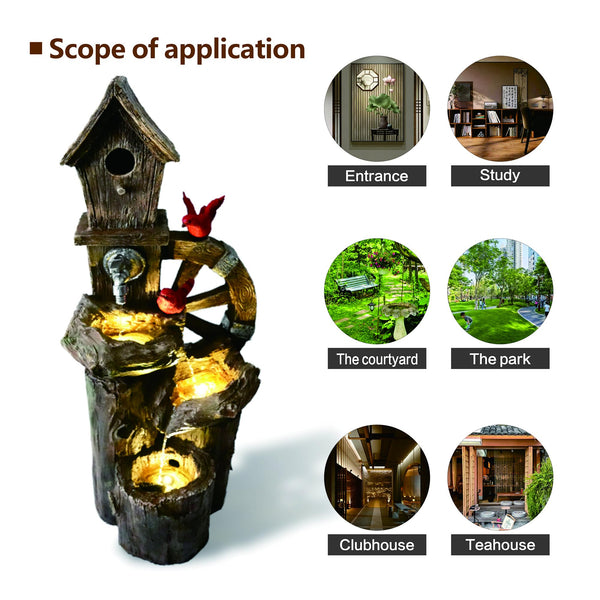 Decorative Garden Birdhouse with Solar LED Lights & Water Wheel