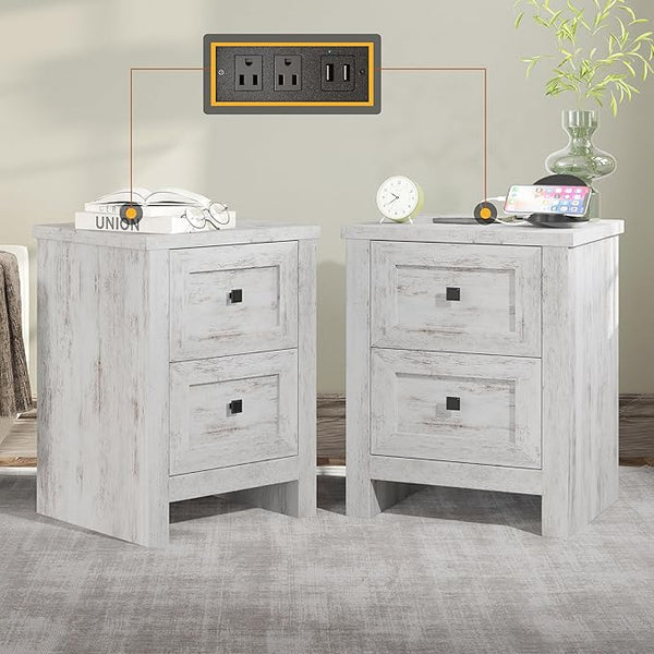 Nightstand Set of 2 with Charging Station & Drawers