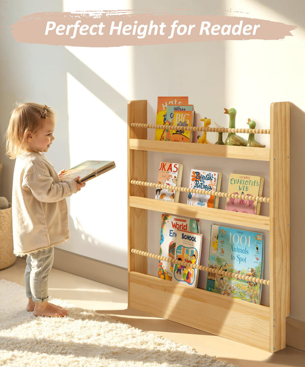Kids Wall-Mount Bookshelf – 3-Tier Solid Pine, Bohemian
