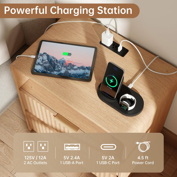 Fluted Nightstand Set of 2 with Charging Station