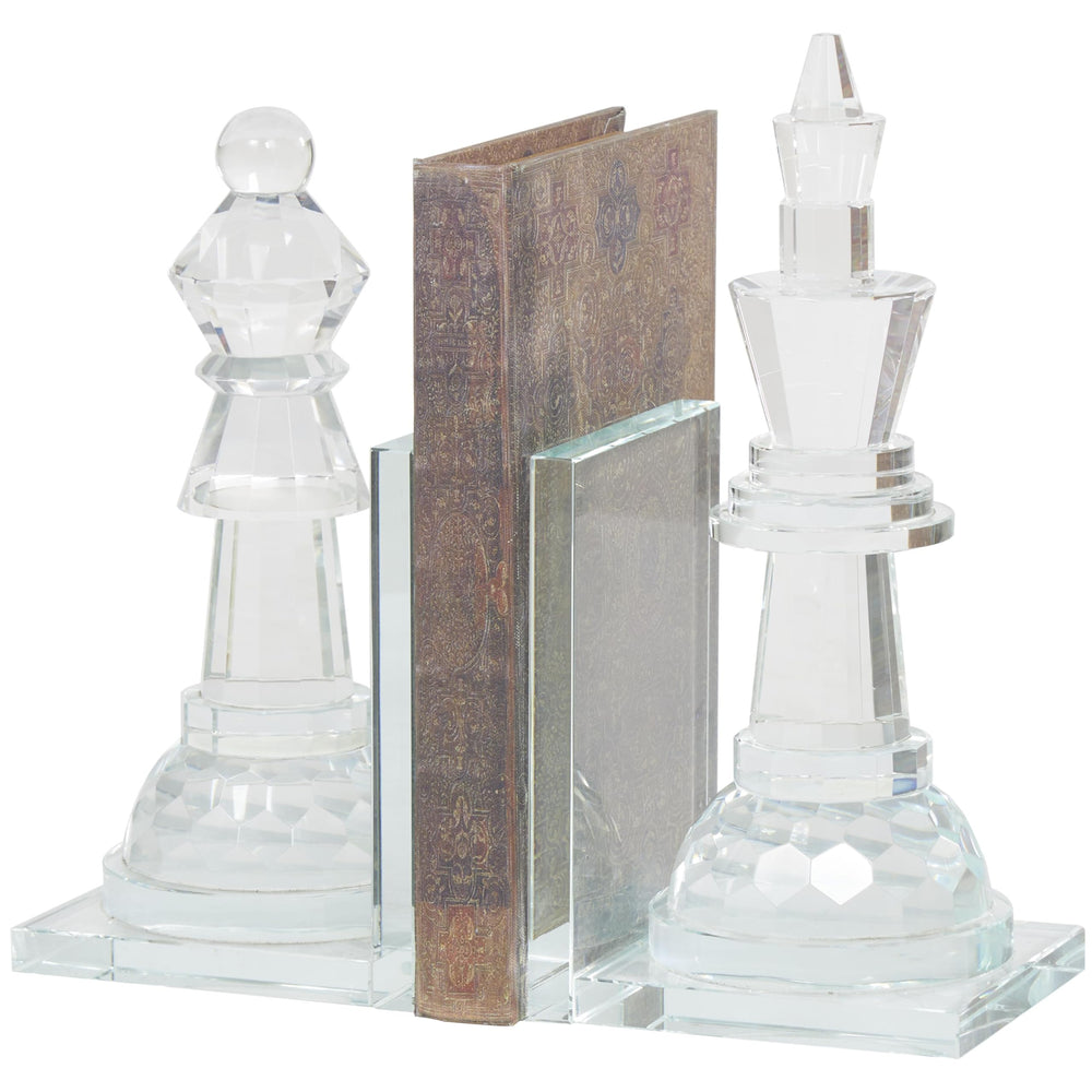 Crystal Chess Bookends Set of 2 – Clear Glossy Glass, 9.55" H