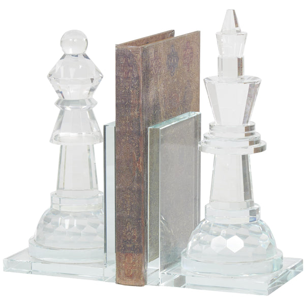Crystal Chess Bookends Set of 2 – Clear Glossy Glass, 9.55" H