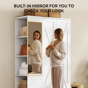 70" Wardrobe with Mirror, 2 Doors, Drawer & Side Shelves