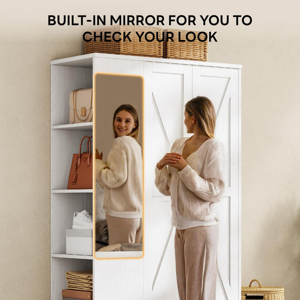70" Wardrobe with Mirror, 2 Doors, Drawer & Side Shelves