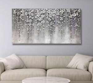 Abstract Oil Painting on Canvas – Silver Flower Wall Art
