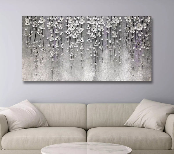Abstract Oil Painting on Canvas – Silver Flower Wall Art