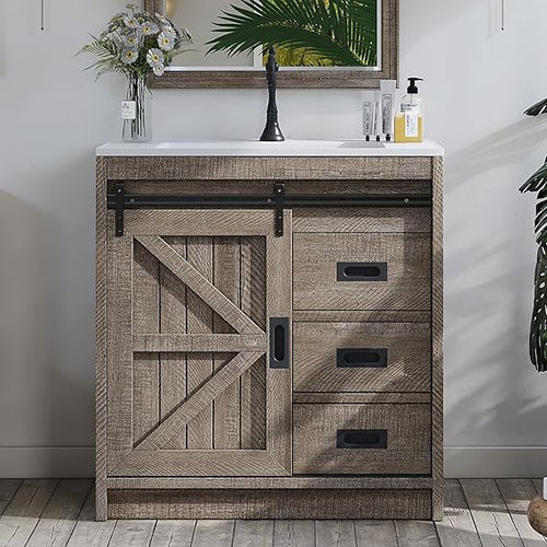60" Farmhouse Bathroom Double Vanity with Integrated Sink & Sliding Barn Door