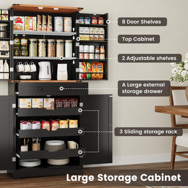 72" Farmhouse Pantry Cabinet with Drawer & Sliding Rack