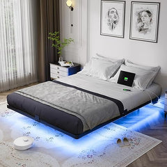 Floating Bed Frame with LED Lights & Charging Station