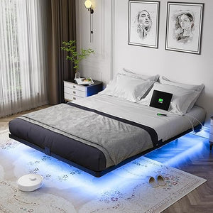 Floating Bed Frame with LED Lights & Charging Station