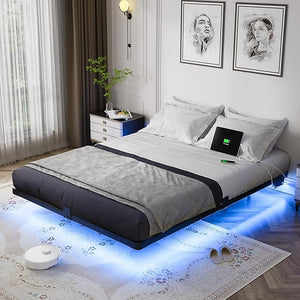 Floating Bed Frame with LED Lights & Charging Station