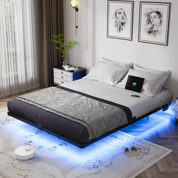 Floating Bed Frame with LED Lights & Charging Station