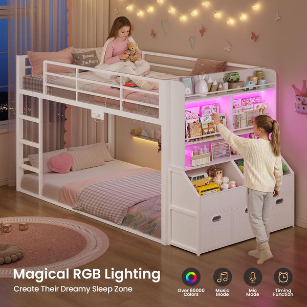 Twin Over Twin Low Bunk Bed with Storage Drawers, Bookshelf and RGB Lights