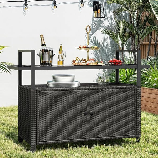 Outdoor Bar Cart with Storage Cabinet & Glass Top