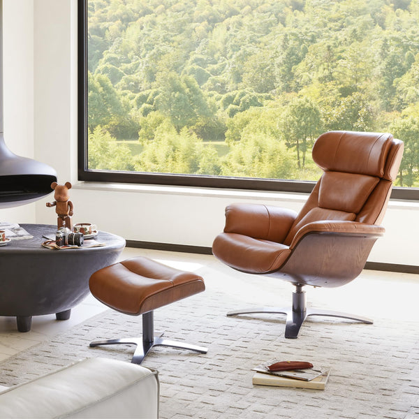 Leather Reclining Swivel Chair & Ottoman with Adjustable Headrest