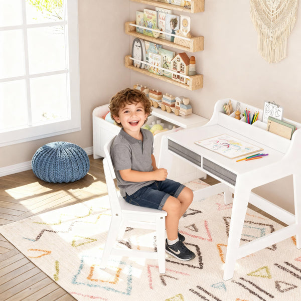 Kids Desk and Chair Set with LED Lamp, Tiltable Desktop & Storage Drawer
