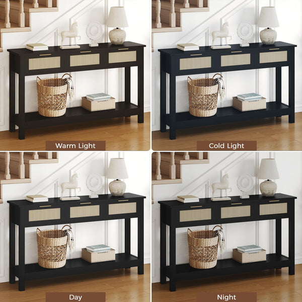 47" Rattan Console Table with 3 Drawers & Storage Shelf