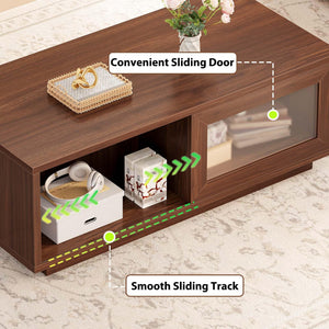 Coffee Table with Sliding Doors & Open Storage Shelf