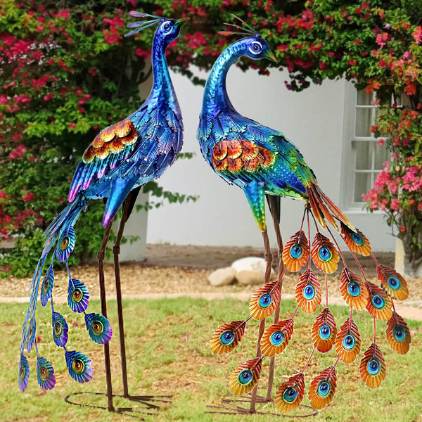 Metal Peacock Garden Statues – Set of 2