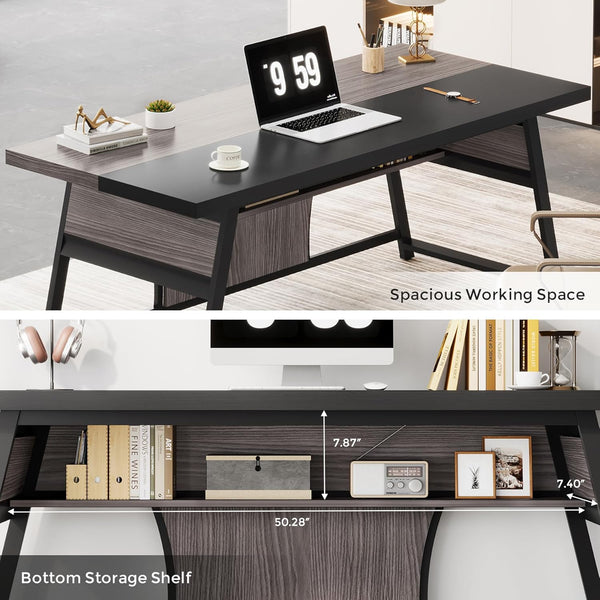 63-Inch Double Desk with LED Light & Storage Shelf