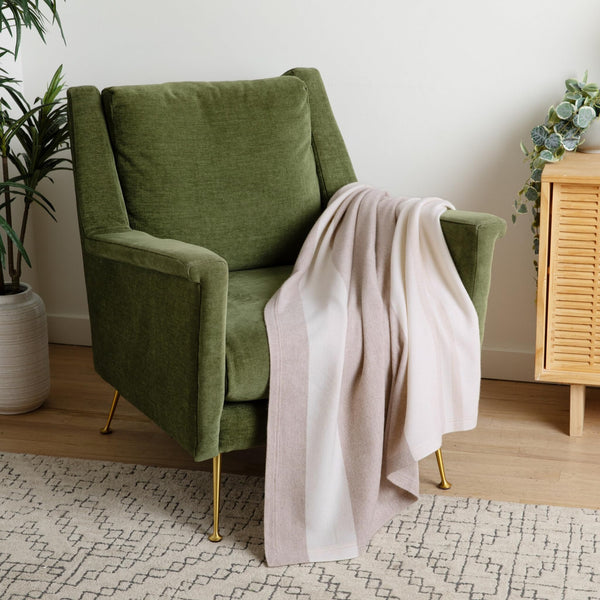 100% Pure Cashmere Throw Blanket — Large Woven Stripe, White Beige Brown