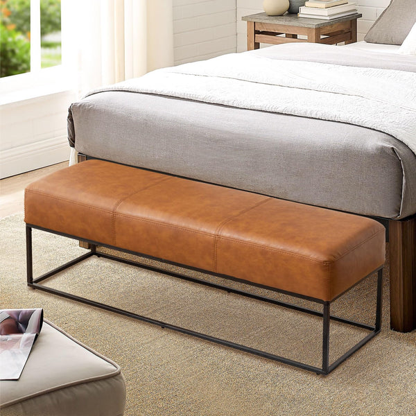 47" Faux Leather Entryway Bench with Metal Frame