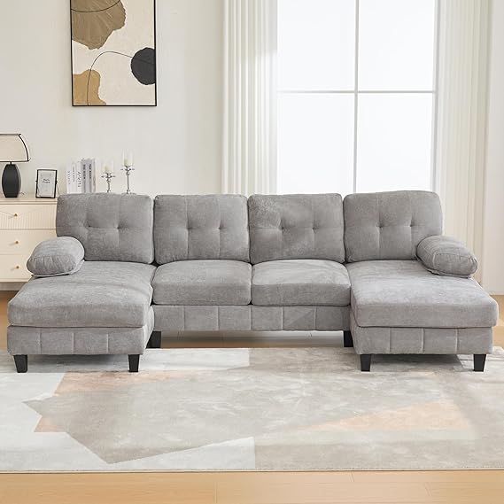 U-Shaped Sectional Sofa with Dual Chaise Lounges & Storage Pockets